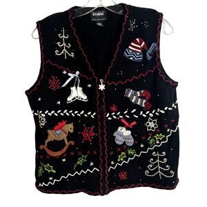 Vintage Ugly Sweater Christmas Storybook Vest Womens Size Medium 90s Beaded